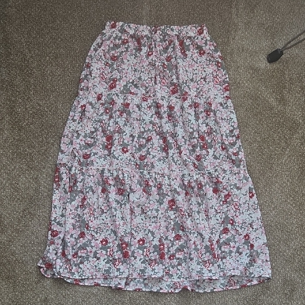 Chic Boho Floral Maxi Skirt in Pink and Gray XL